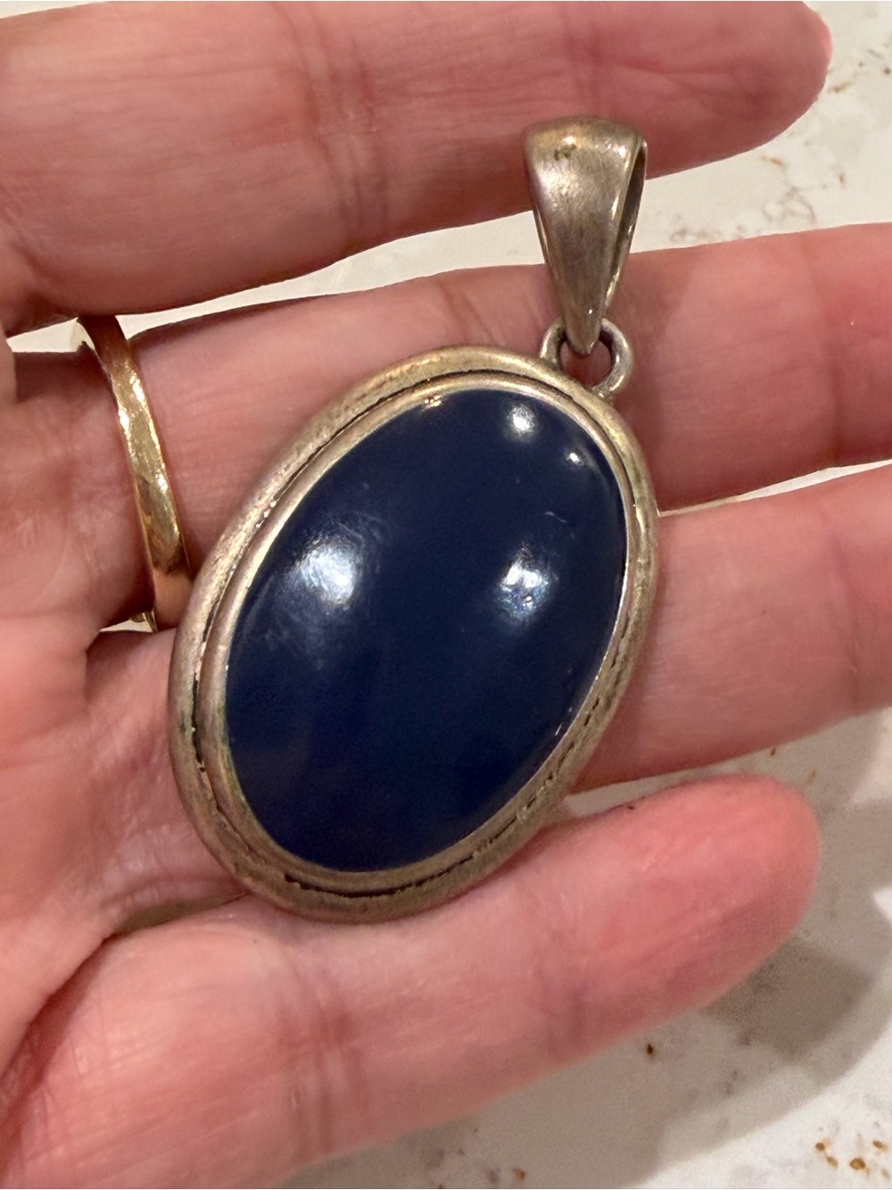 Vintage Sterling Silver 925 Lapis Lazuli Oval Statement Pendant Signed MJ 18g